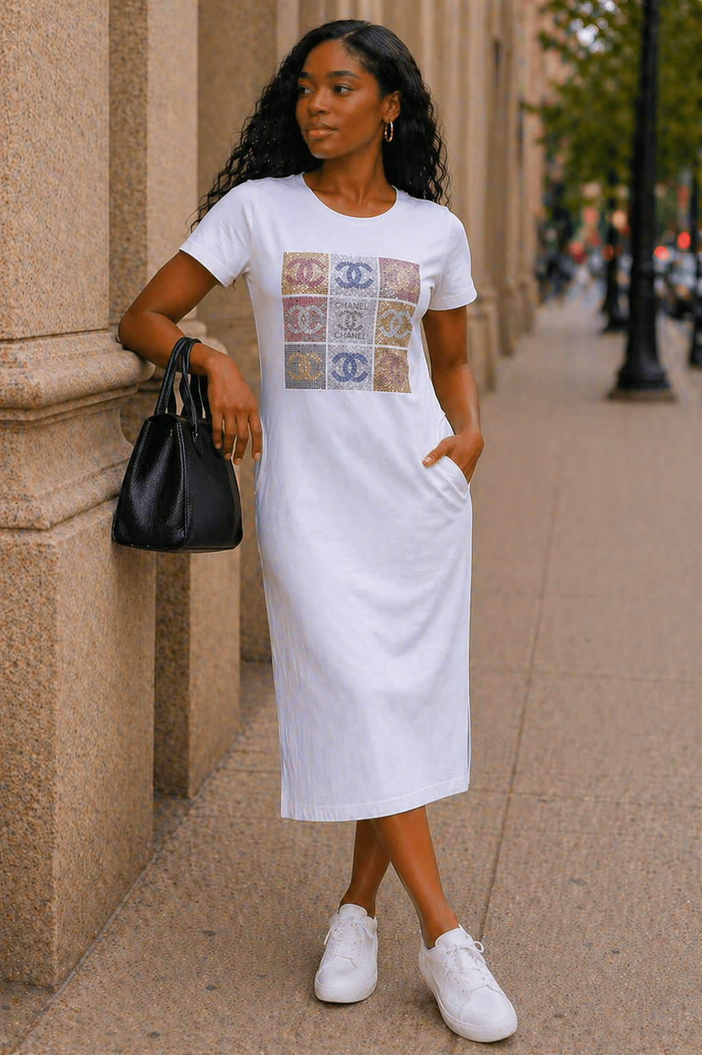 Woman wearing a white dress with CC logo pattern on a city street.