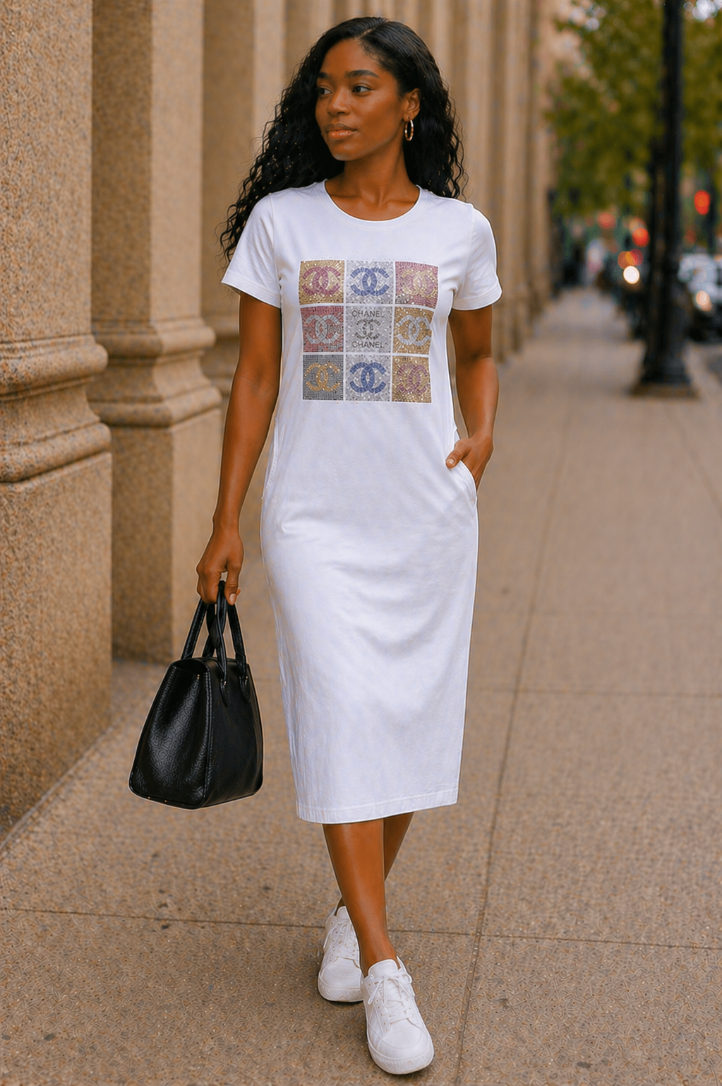 Woman wearing a white dress with a graphic design, holding a black handbag on a city street.