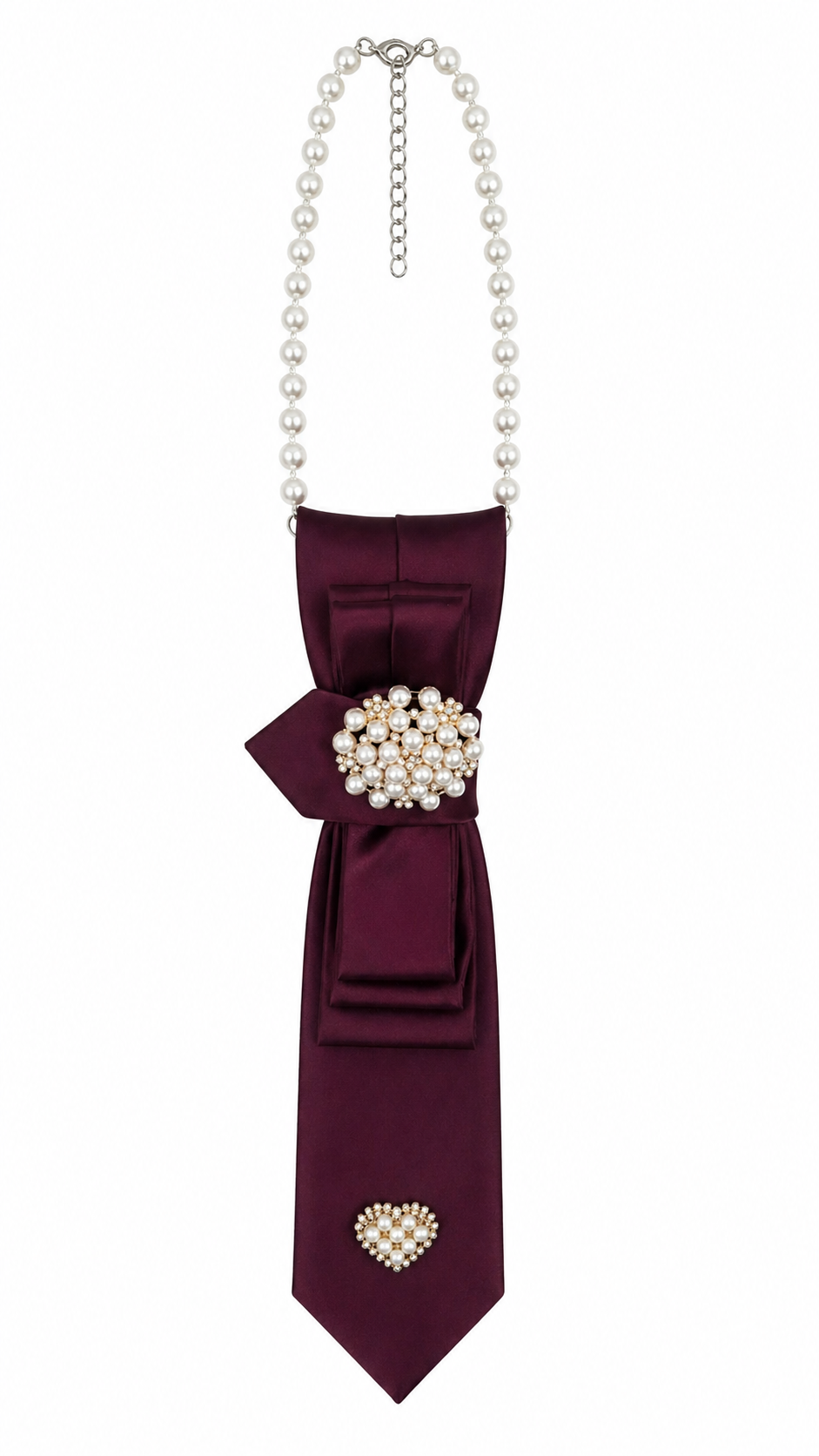 Burgundy bow tie with pearl embellishments on a white background