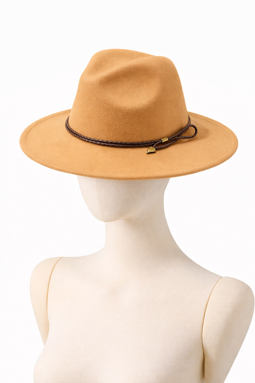 Tan fedora hat on a mannequin head against a white background