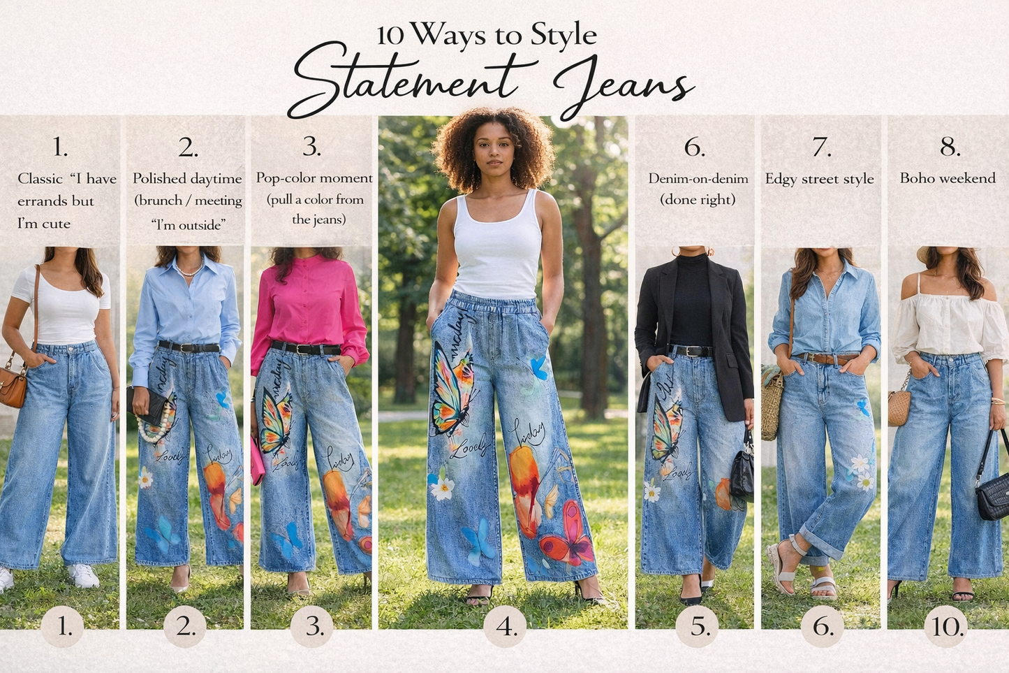 Woman wearing colorful jeans with text on how to style them in various scenarios.