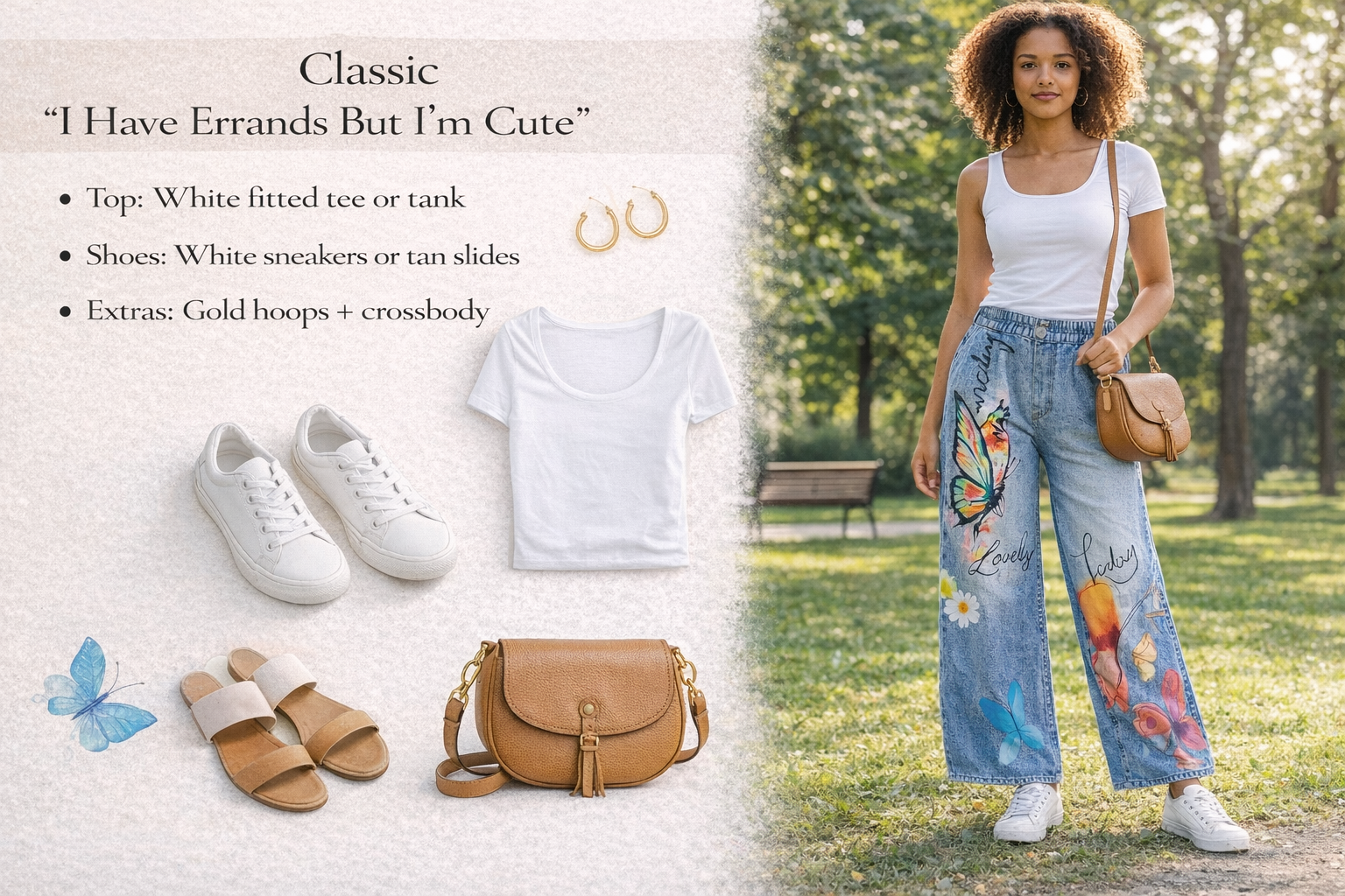 Woman in a park wearing a white top, colorful pants, and white sneakers with fashion items displayed on the left.