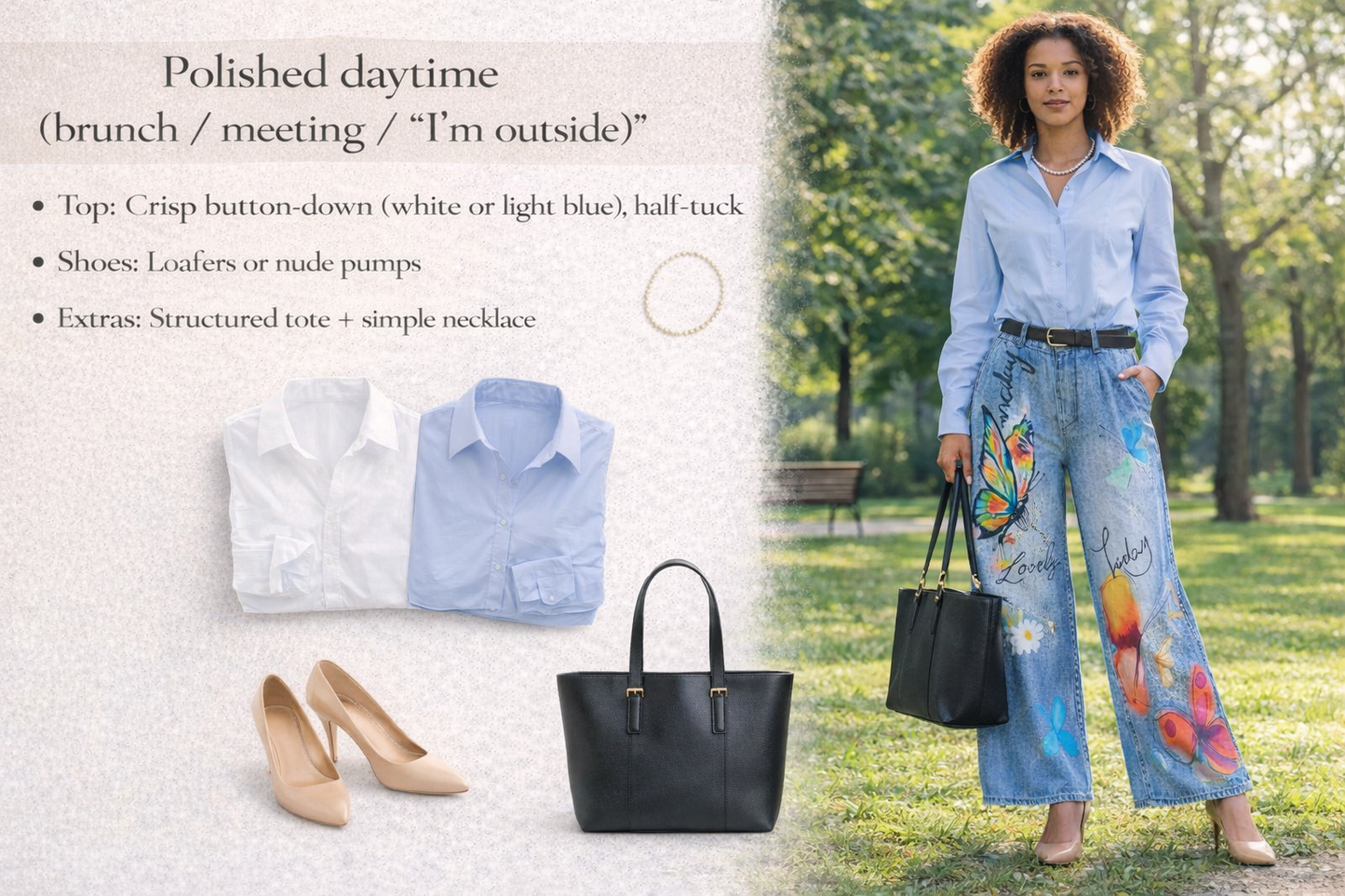 Woman in a park wearing a light blue shirt and colorful pants with a black tote bag.