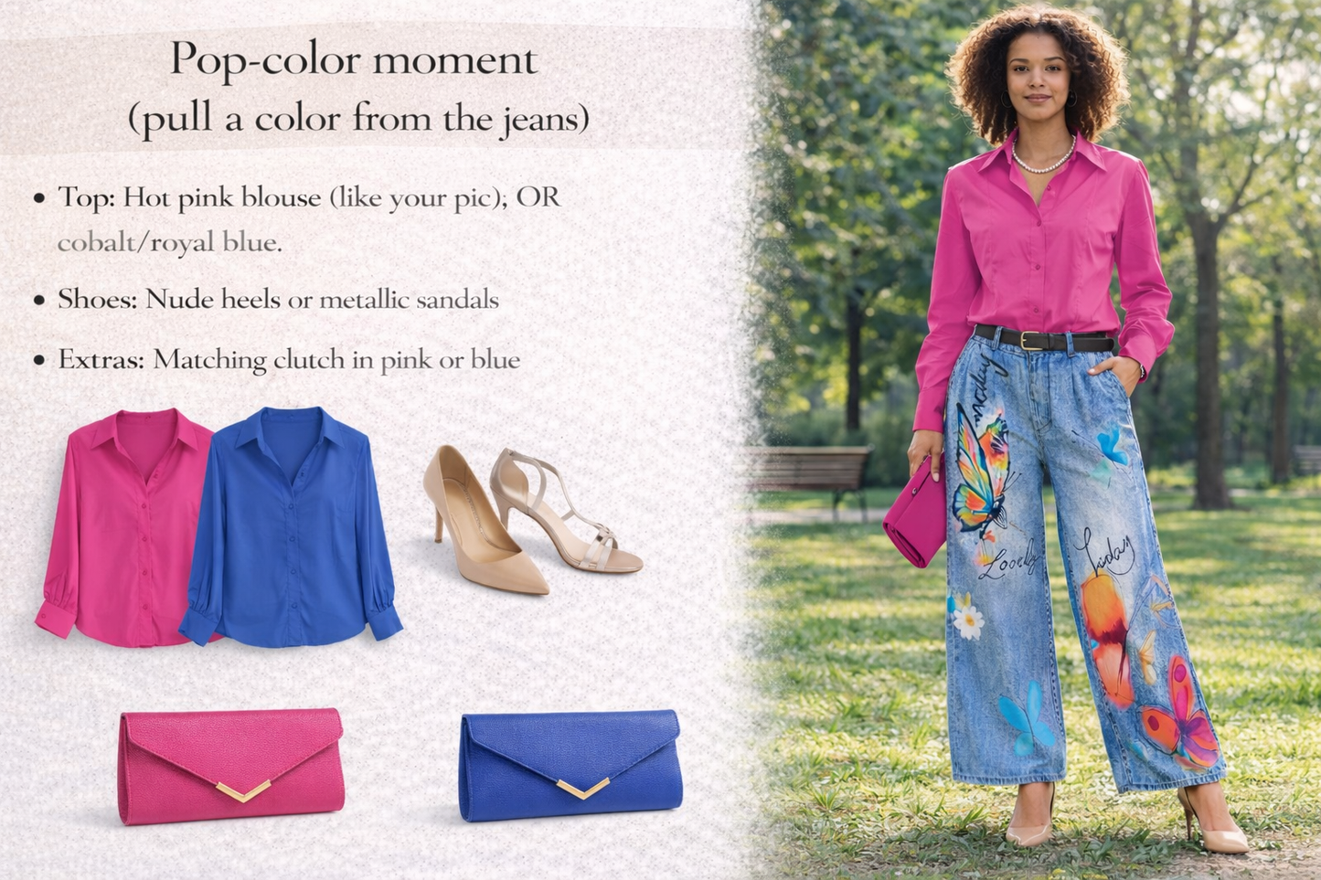 Woman in pink blouse and blue jeans with fashion tips and accessories on a white background