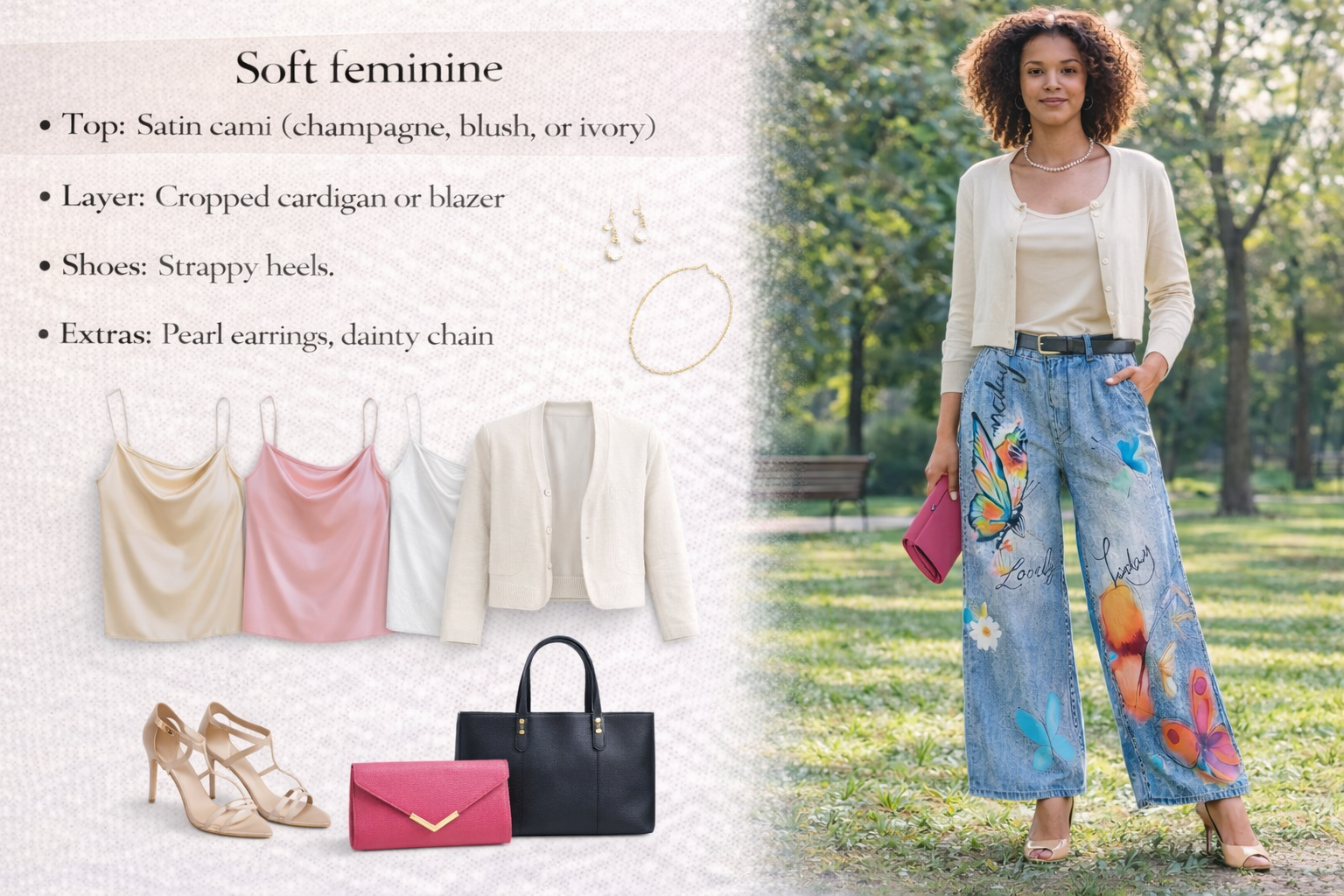 Woman in a park wearing a stylish outfit with a color palette guide on the left.