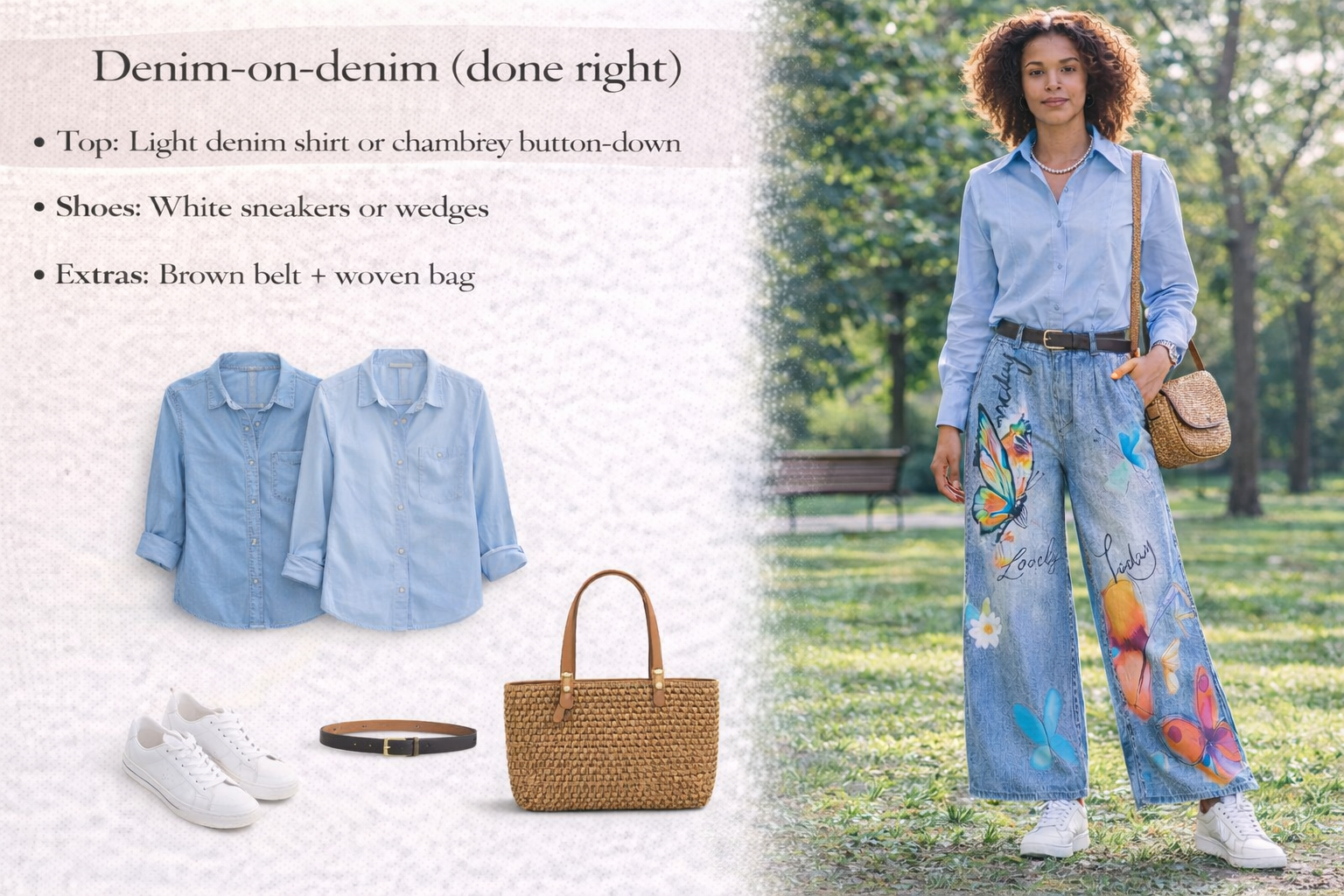 Woman wearing a light denim shirt and colorful pants with a brown bag in a park, accompanied by outfit suggestions.