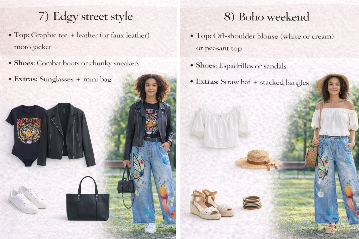 Two outfits for 'Edgy street style' and 'Boho weekend' with descriptions and images of clothing and accessories.