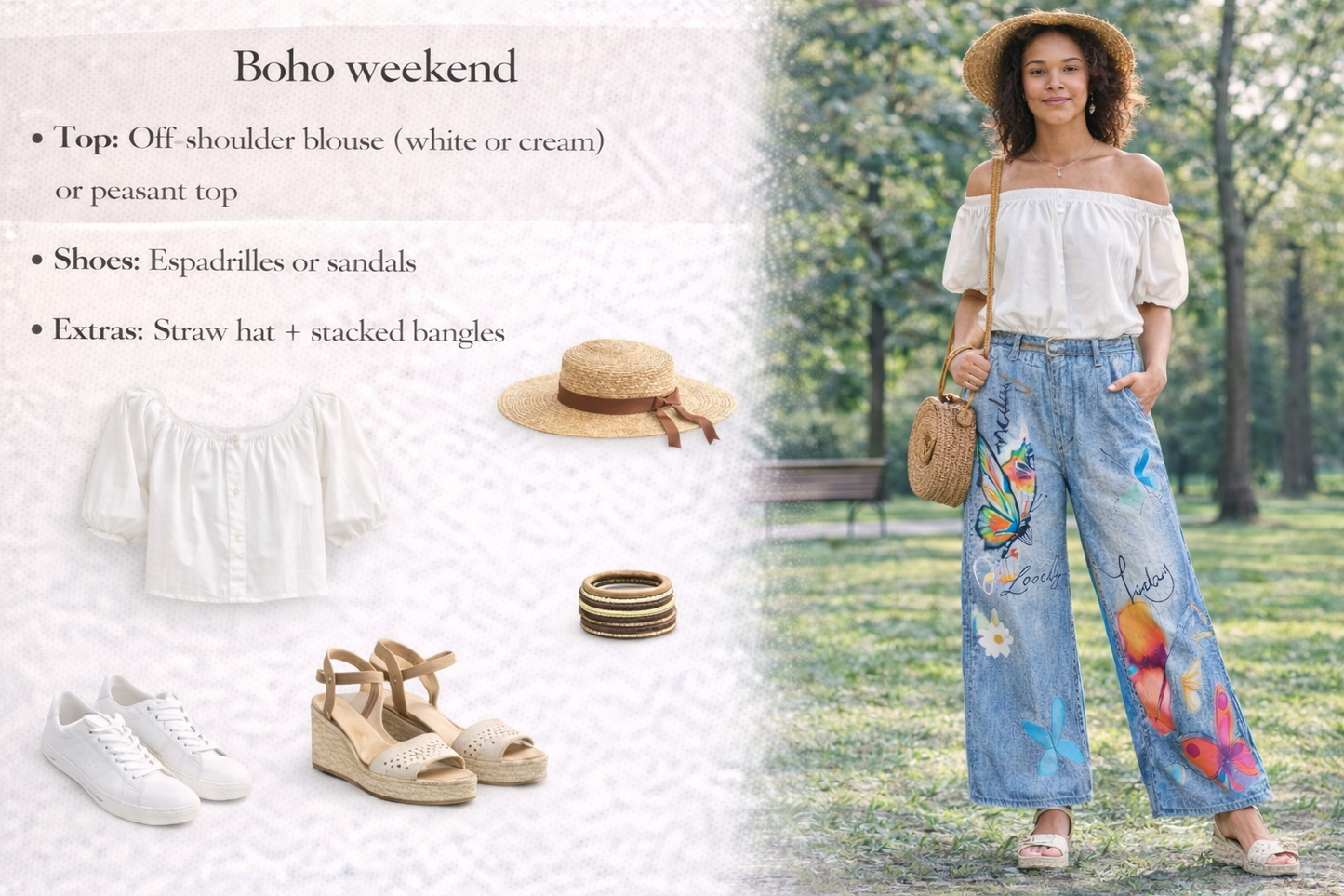Woman in a park wearing a white off-shoulder blouse, floral jeans, and straw hat with text on how to achieve a 'Boho weekend' look.