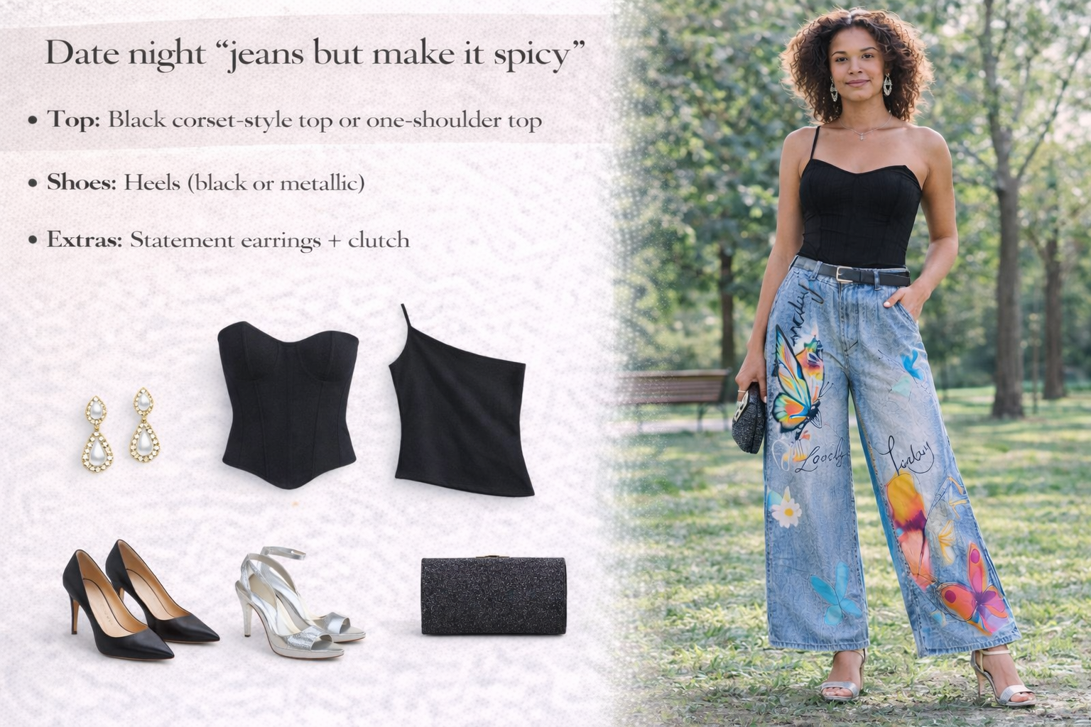 Woman wearing a black top and colorful jeans with a park setting.