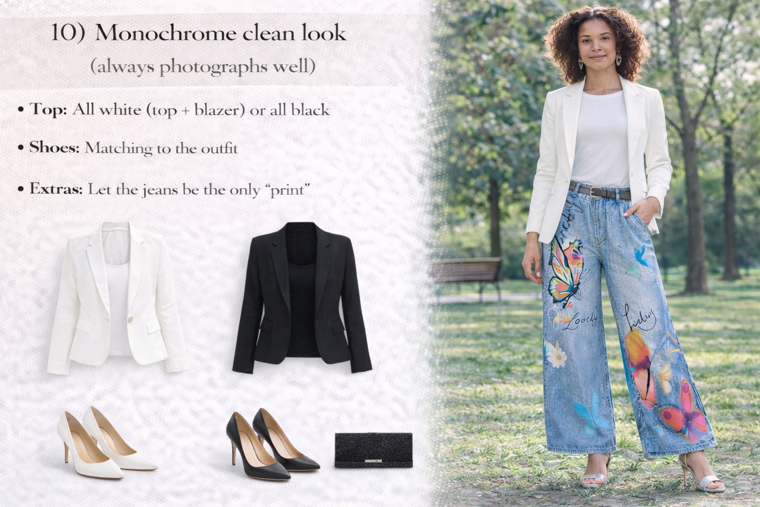 Woman wearing a white blazer and colorful jeans with butterflies, standing outdoors.