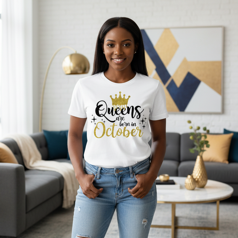 White t-shirt with 'Queens are born in October' text and gold crown graphic on a white background.