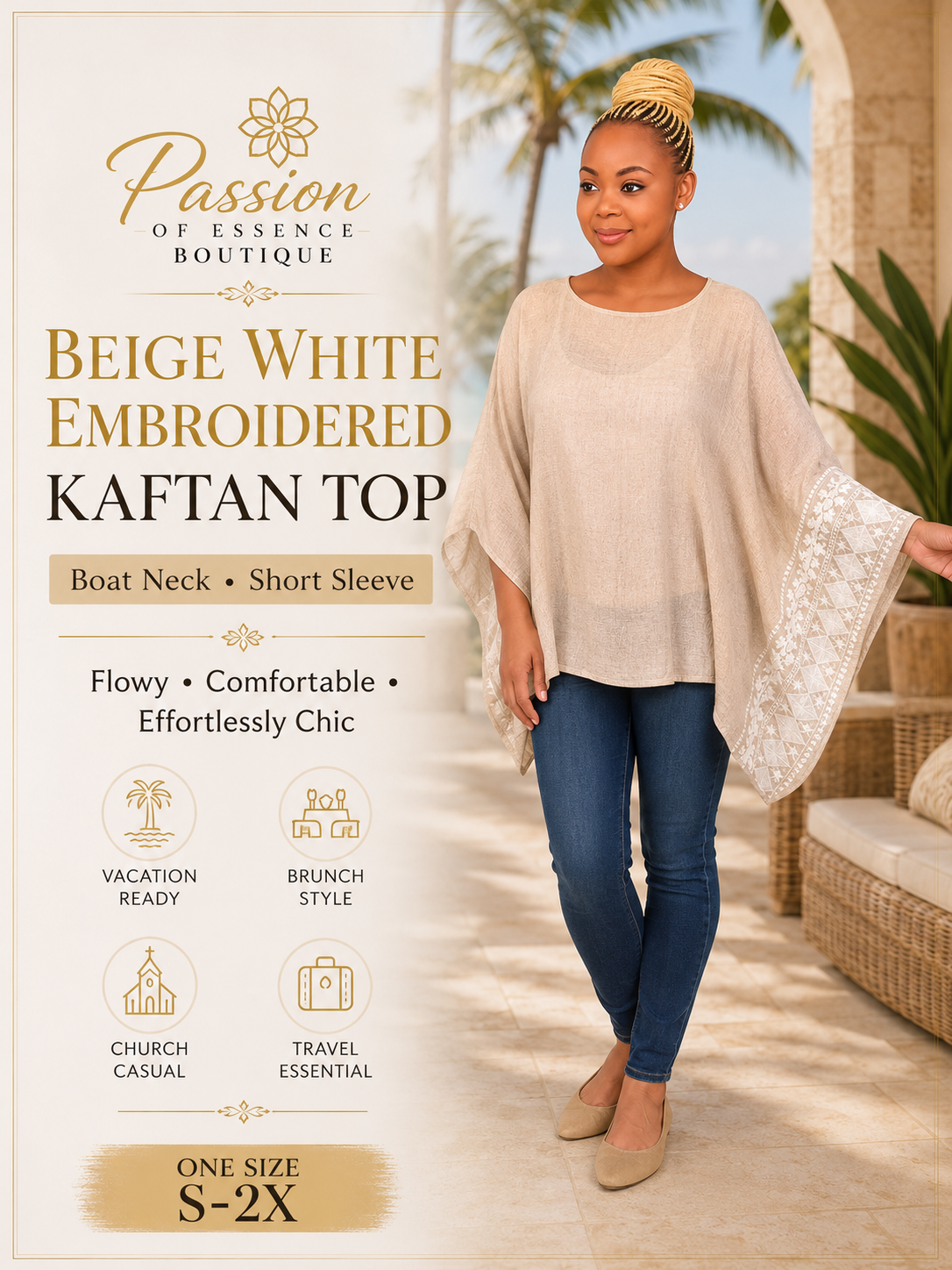 A woman modeling a beige white embroidered kaftan top in a tropical patio setting, with product details and text overlays on the left side of the image.