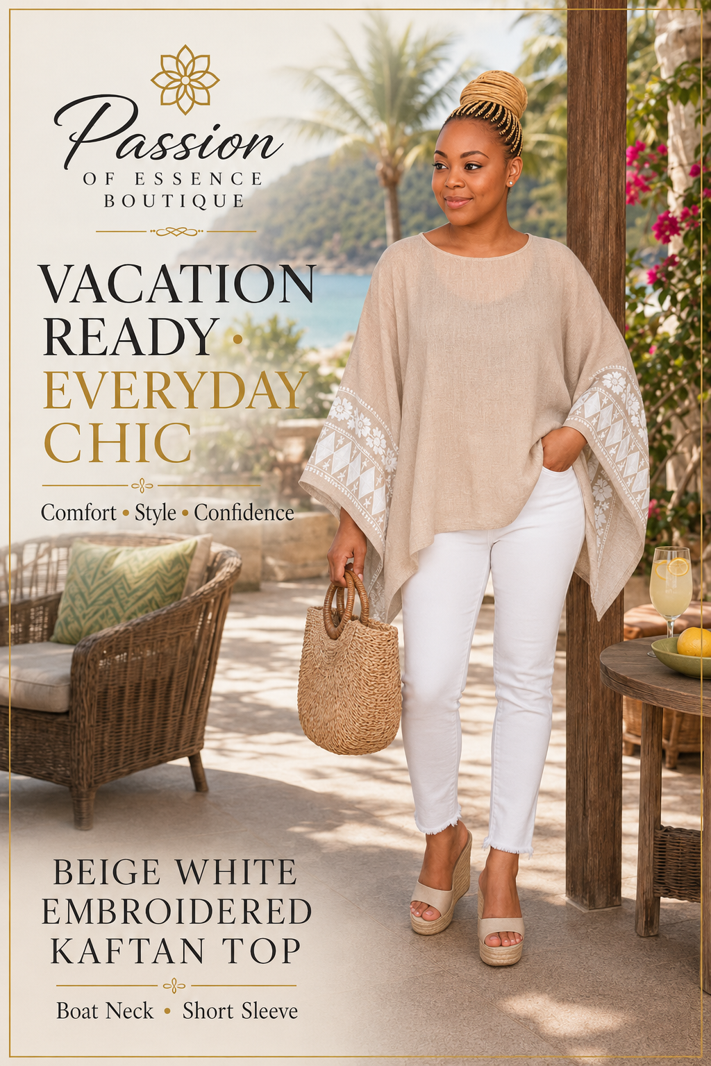 A woman models a beige and white embroidered kaftan top in an outdoor resort setting. The top features a boat neck and short sleeves with white lace embroidery on the cuffs.