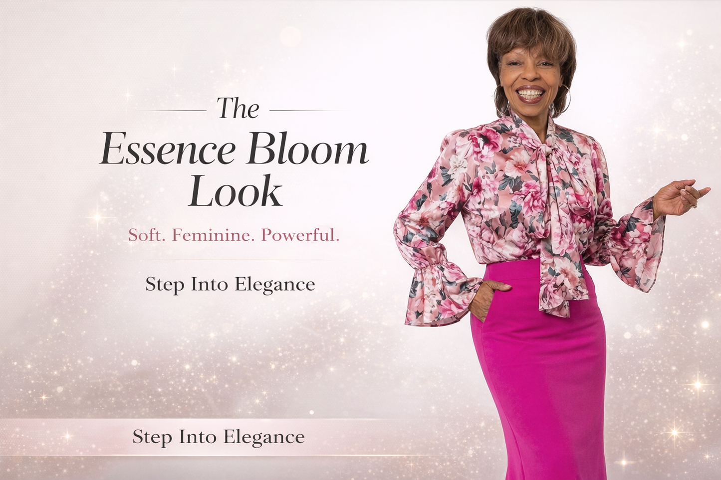 Woman in a floral blouse and pink skirt with text about 'The Essence Bloom Look' on a light background.