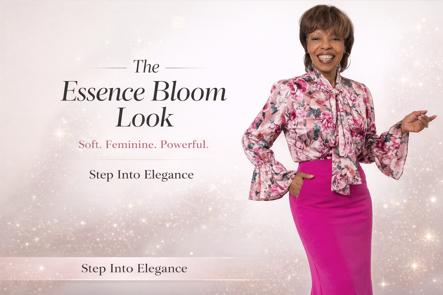 Woman in a floral blouse and pink skirt with text about 'The Essence Bloom Look' on a light background.