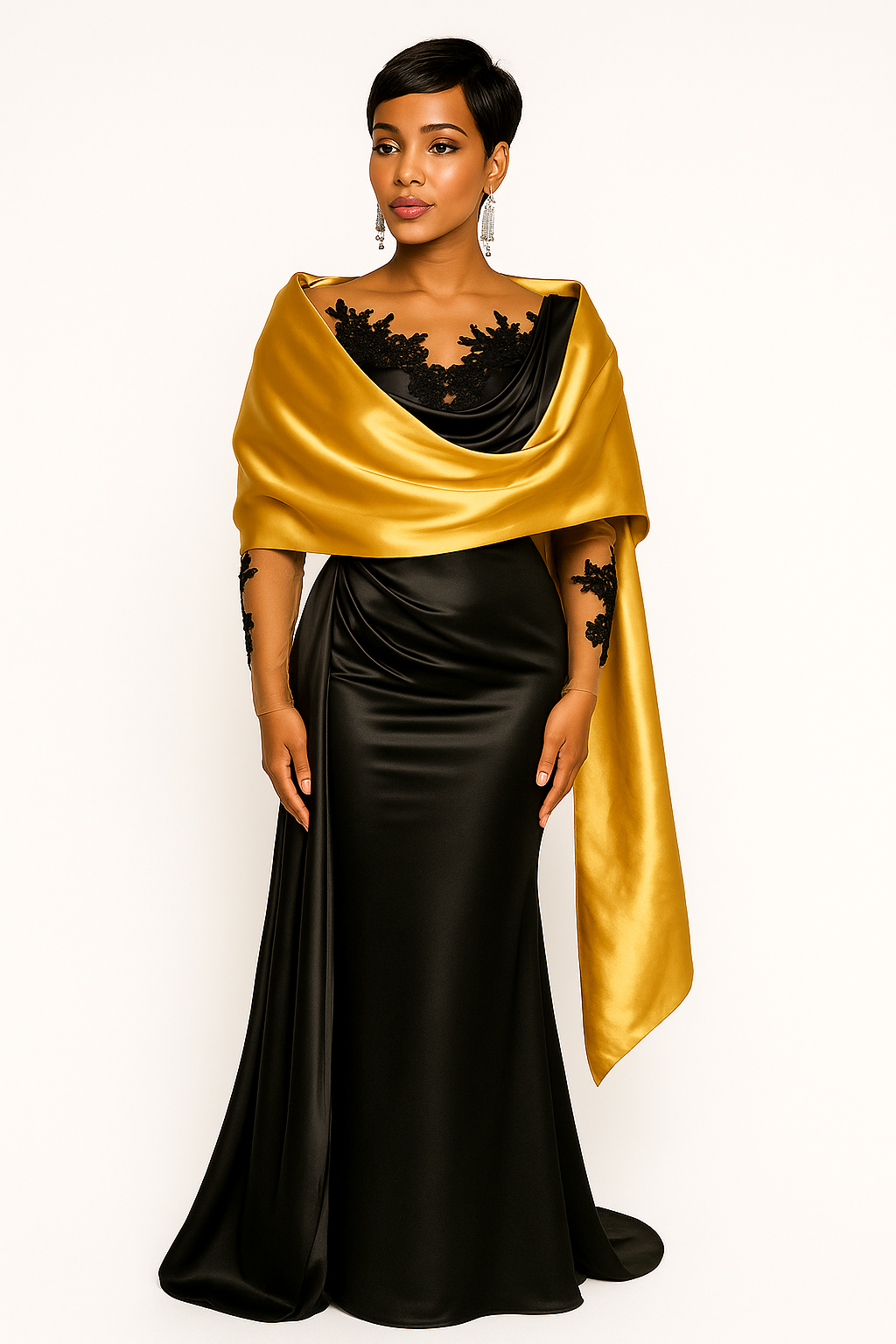 Midnight Gala Satin Evening Wrap Shawl Gold