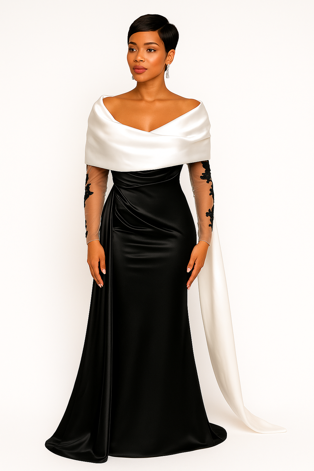 Woman wearing a black and white evening gown on a white background