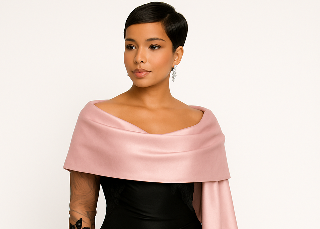 Woman wearing a black dress with a pink shawl on a white background