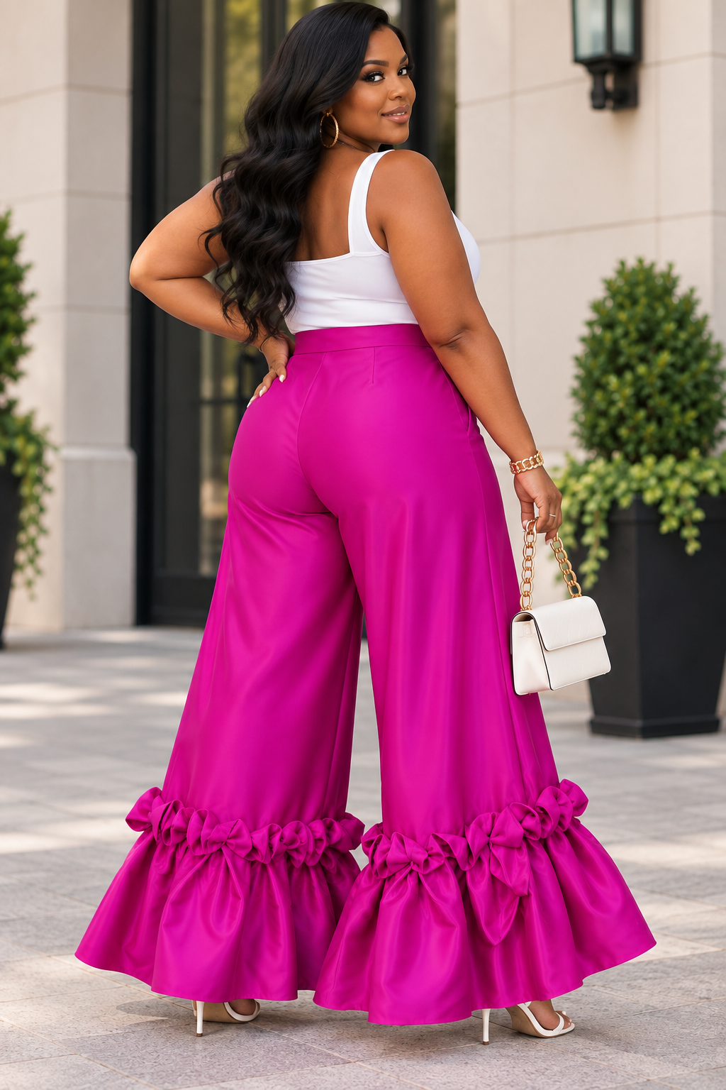 Plus Size Fuchsia High-Waist Wide-Leg Statement Ruffle Pants 1X–3X