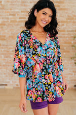 Load image into Gallery viewer, Dreamer Peplum Top in Black Multi Floral
