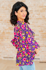 Load image into Gallery viewer, Dreamer Peplum Top in Purple and Pink Floral
