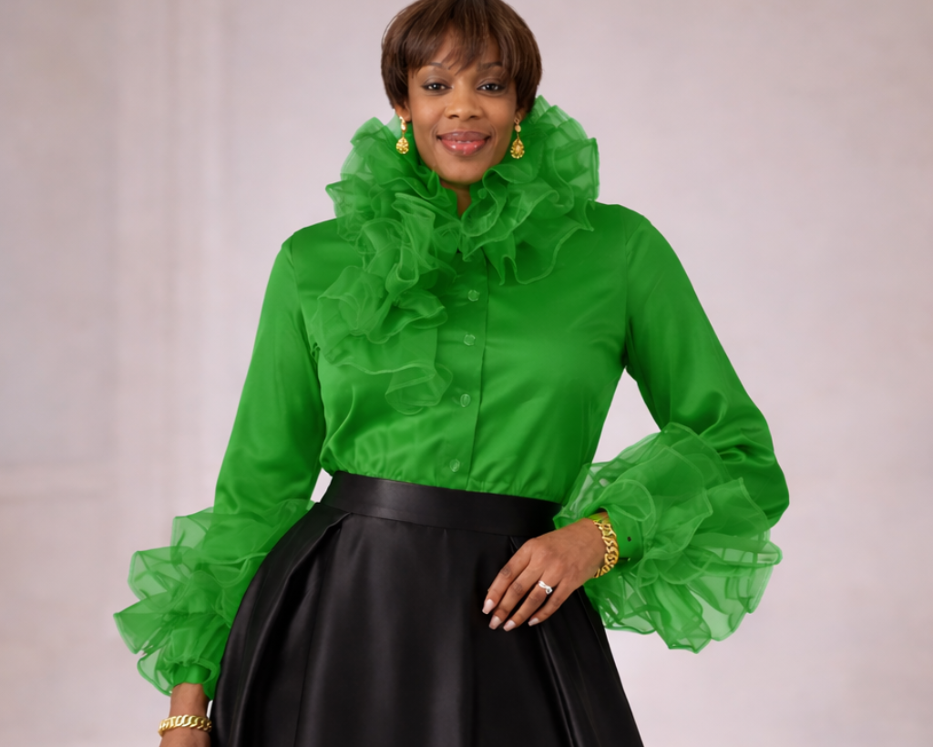 Woman wearing a green blouse with ruffled details and a black skirt, holding a black handbag.