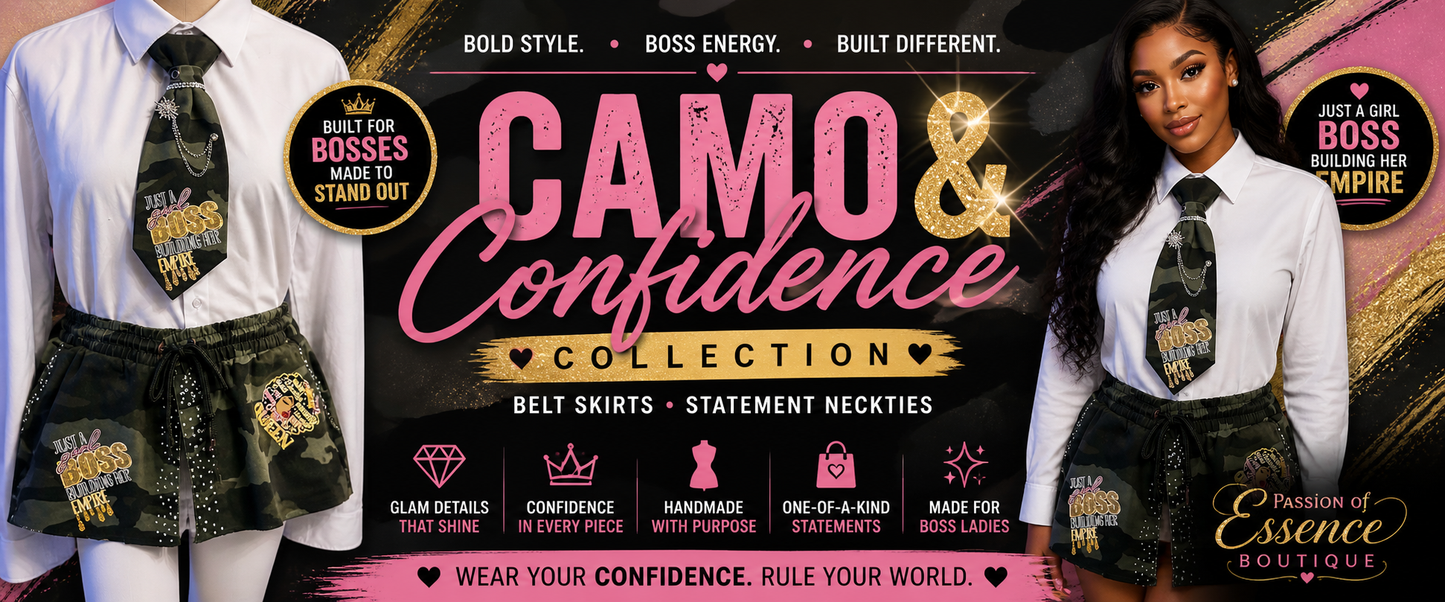 Advertisement for 'Camo & Confidence' collection featuring a person wearing a outfit with camouflage elements.