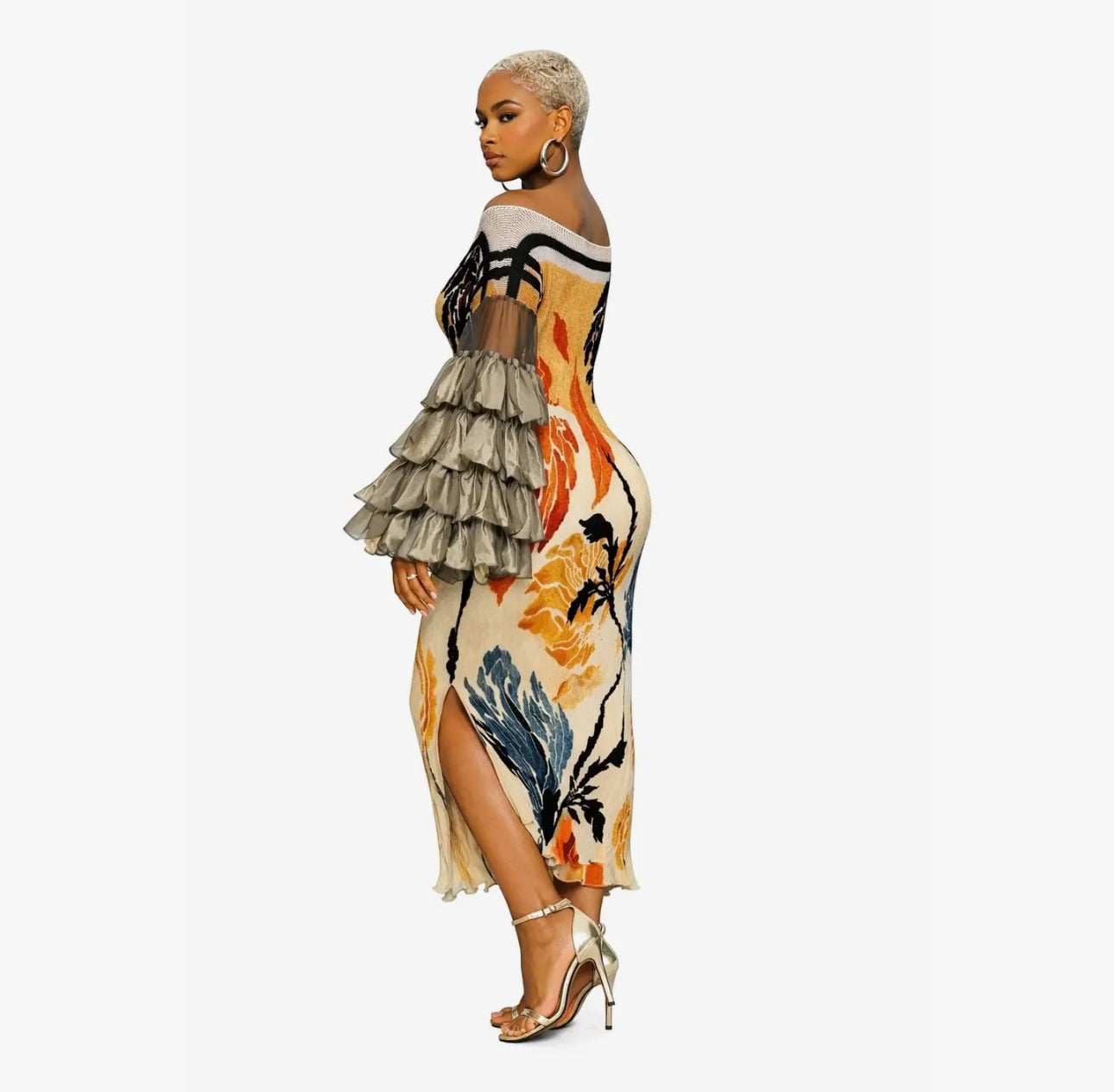 Golden Bloom Ruffle Sleeve Midi Dress