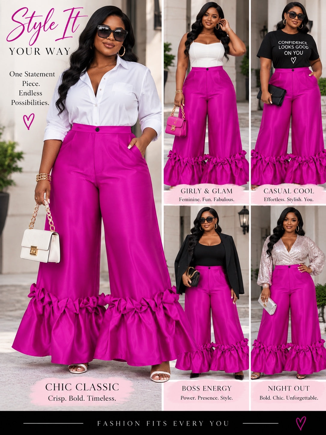 Plus Size Fuchsia High-Waist Wide-Leg Statement Ruffle Pants 1X–3X