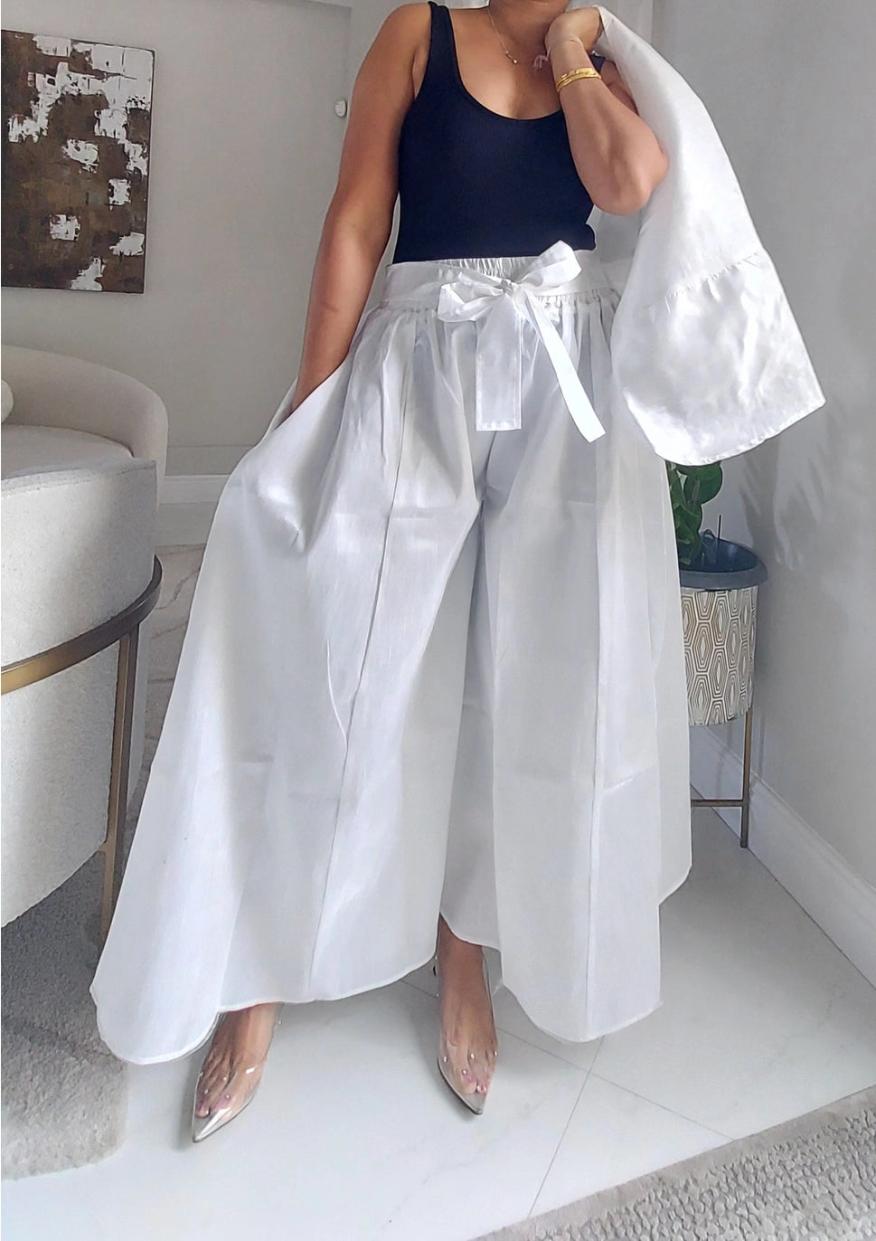 Faux Silk Palazzo Pant Set – White 3-Piece Set