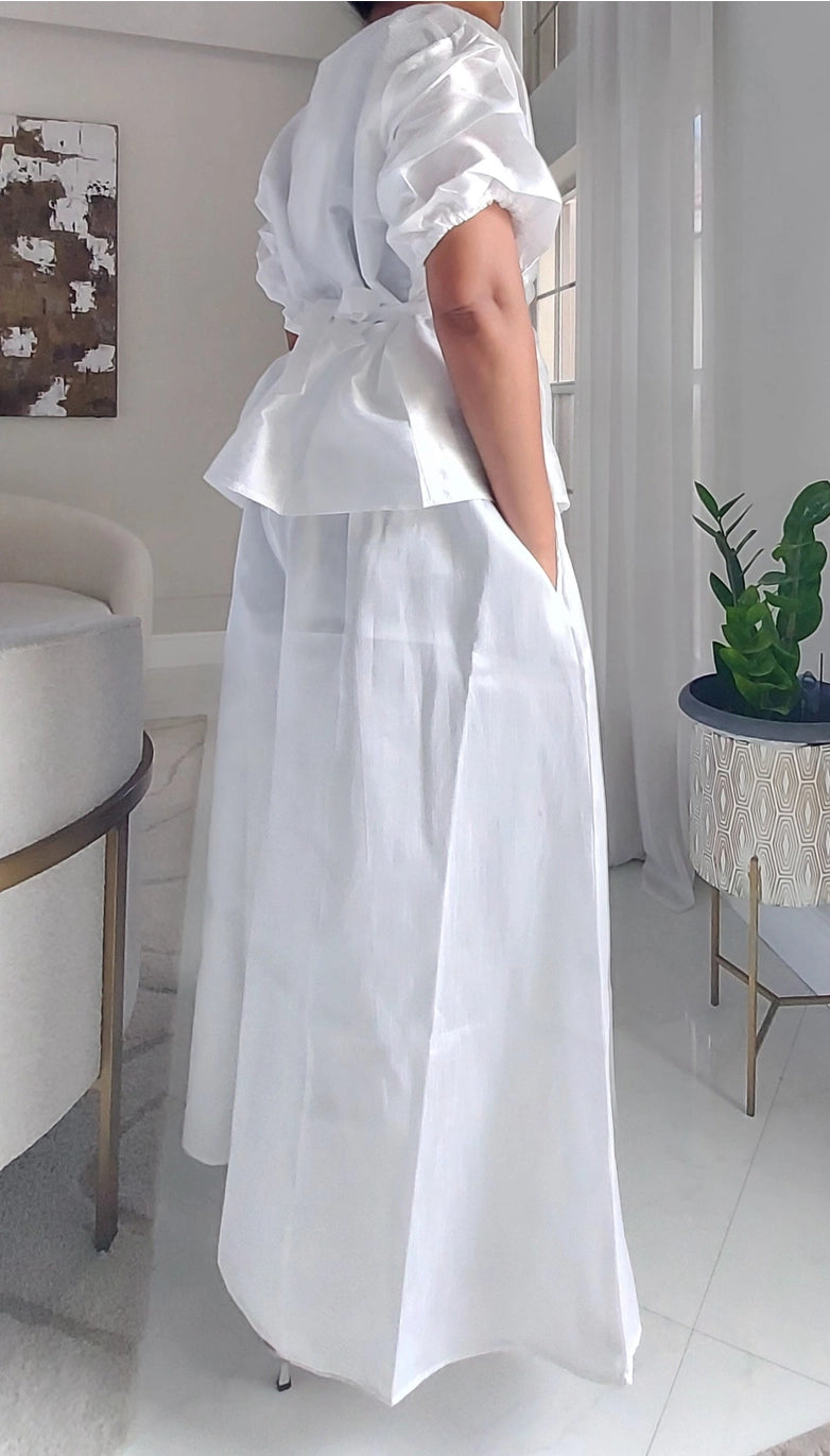 Faux Silk Palazzo Pant Set – White 3-Piece Set