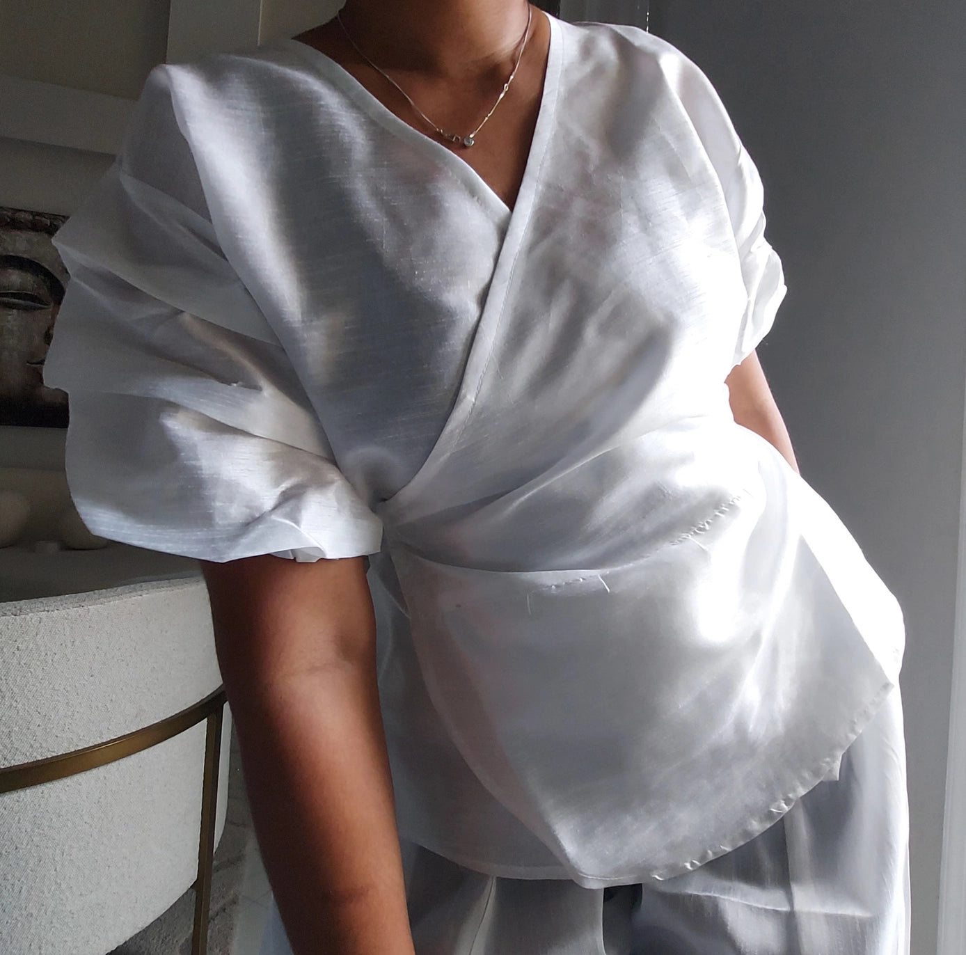 Faux Silk Palazzo Pant Set – White 3-Piece Set