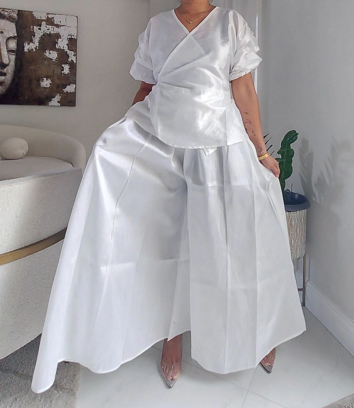 Faux Silk Palazzo Pant Set – White 3-Piece Set