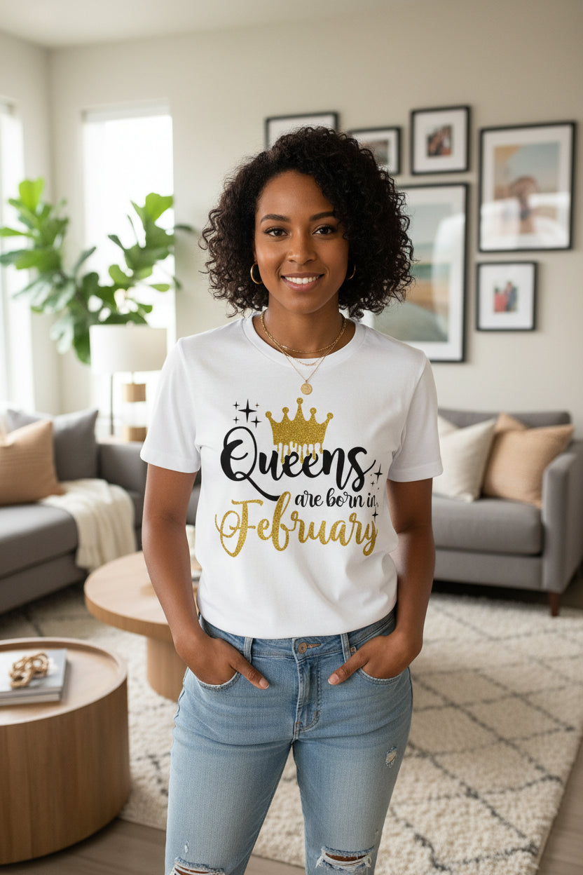 White t-shirt with 'Queens are born in February' text and gold crown graphic on a light wooden surface.