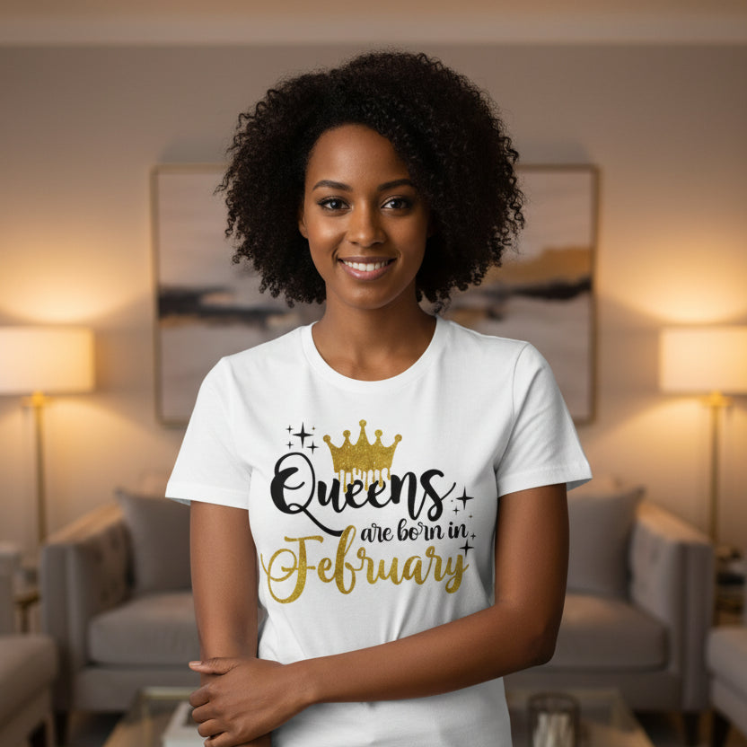 White shirt with gold and black text 'Queens are born in February' and a crown graphic.