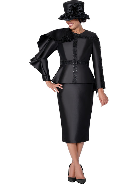 Black formal outfit with a hat on a white background