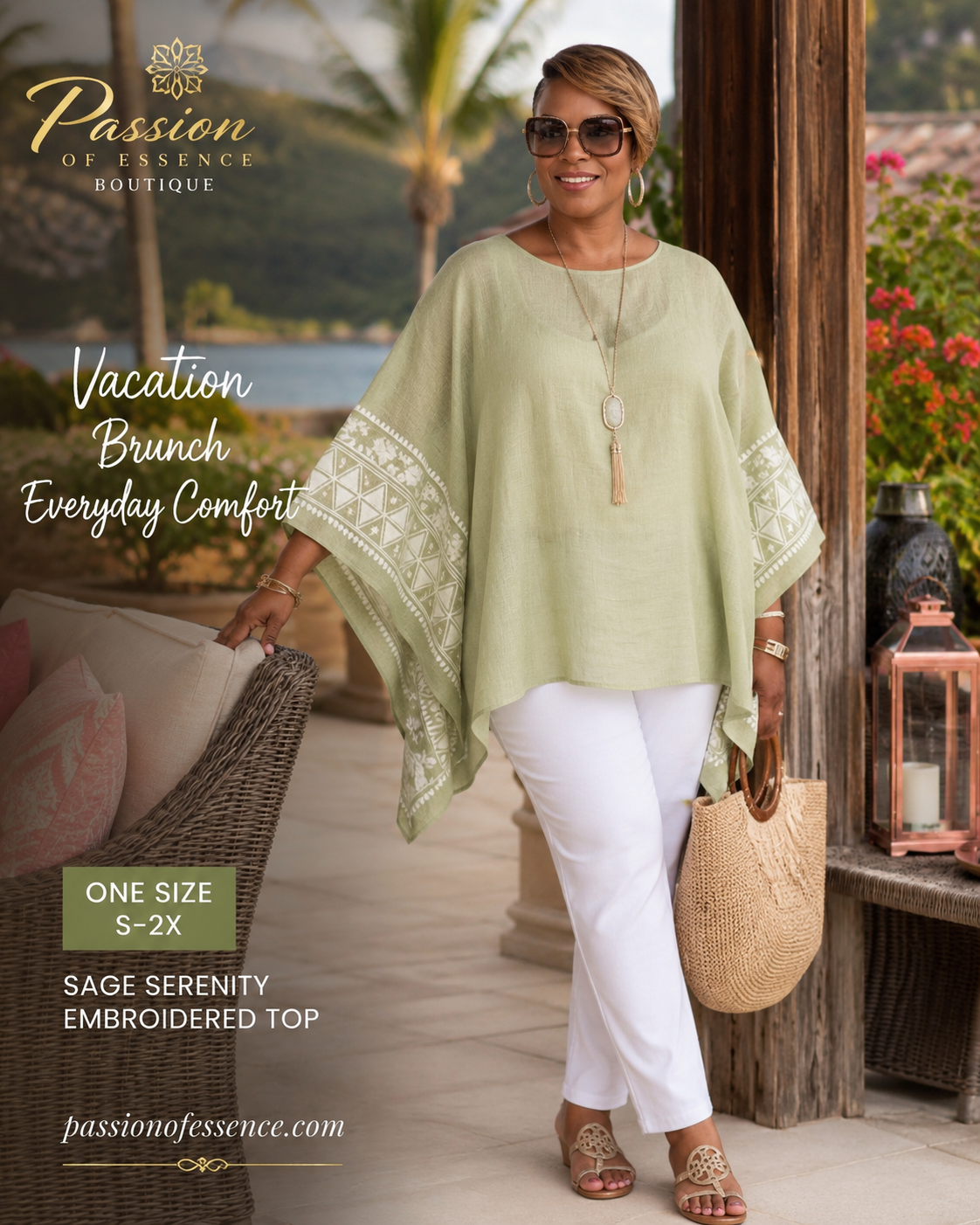 Sage Green Embroidered Resort Poncho Top | One Size S-2X