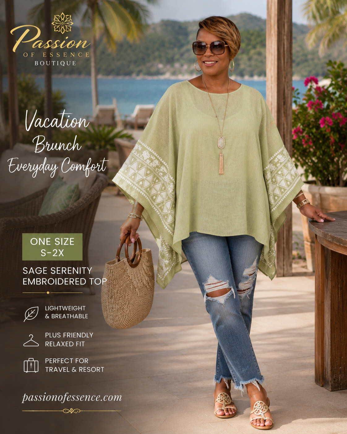 Sage Green Embroidered Resort Poncho Top | One Size S-2X