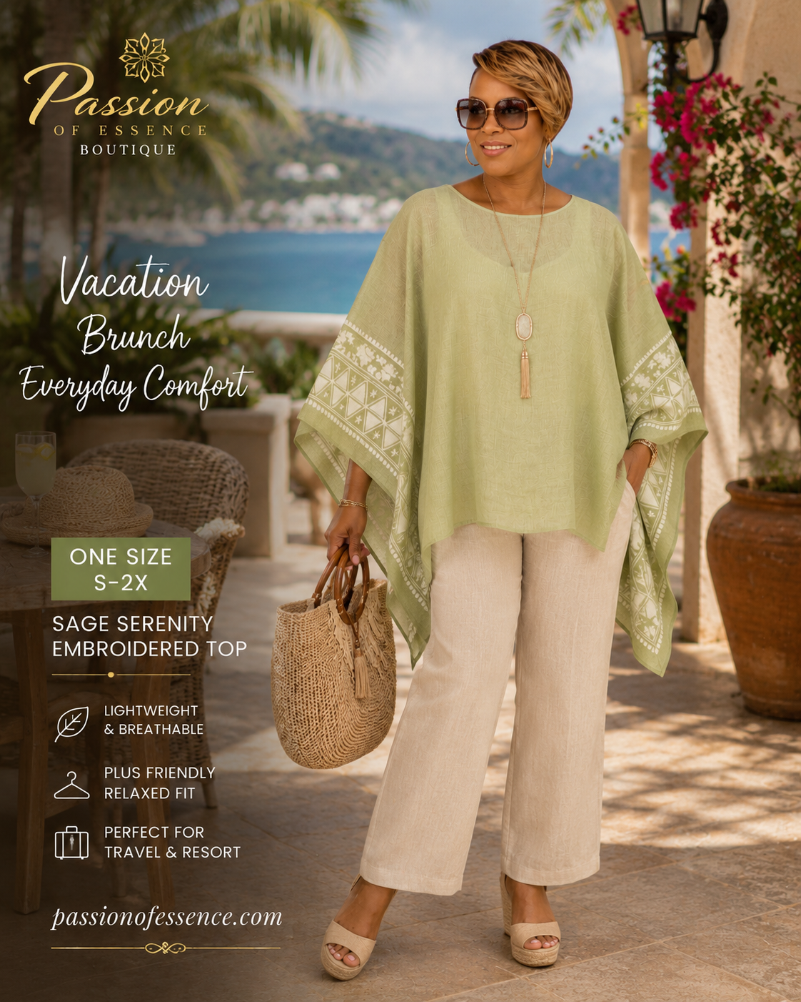 Sage Green Embroidered Resort Poncho Top | One Size S-2X