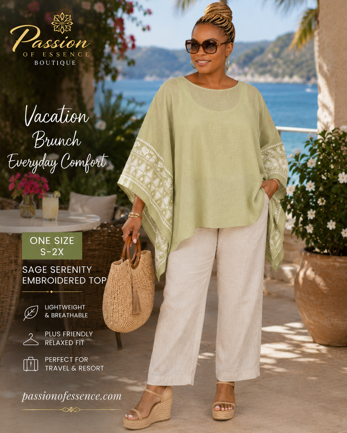 Sage Green Embroidered Resort Poncho Top | One Size S-2X
