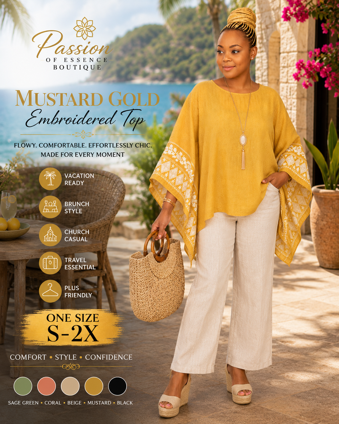 Golden Oasis Embroidered Poncho Top | Mustard Gold | One Size