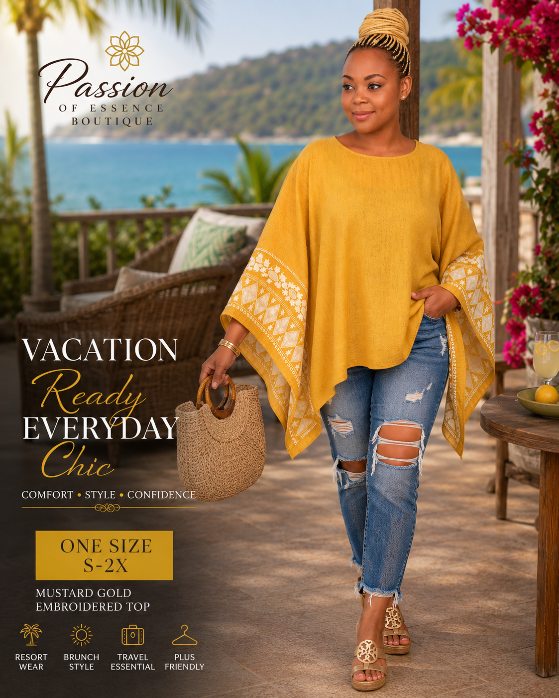 Golden Oasis Embroidered Poncho Top | Mustard Gold | One Size