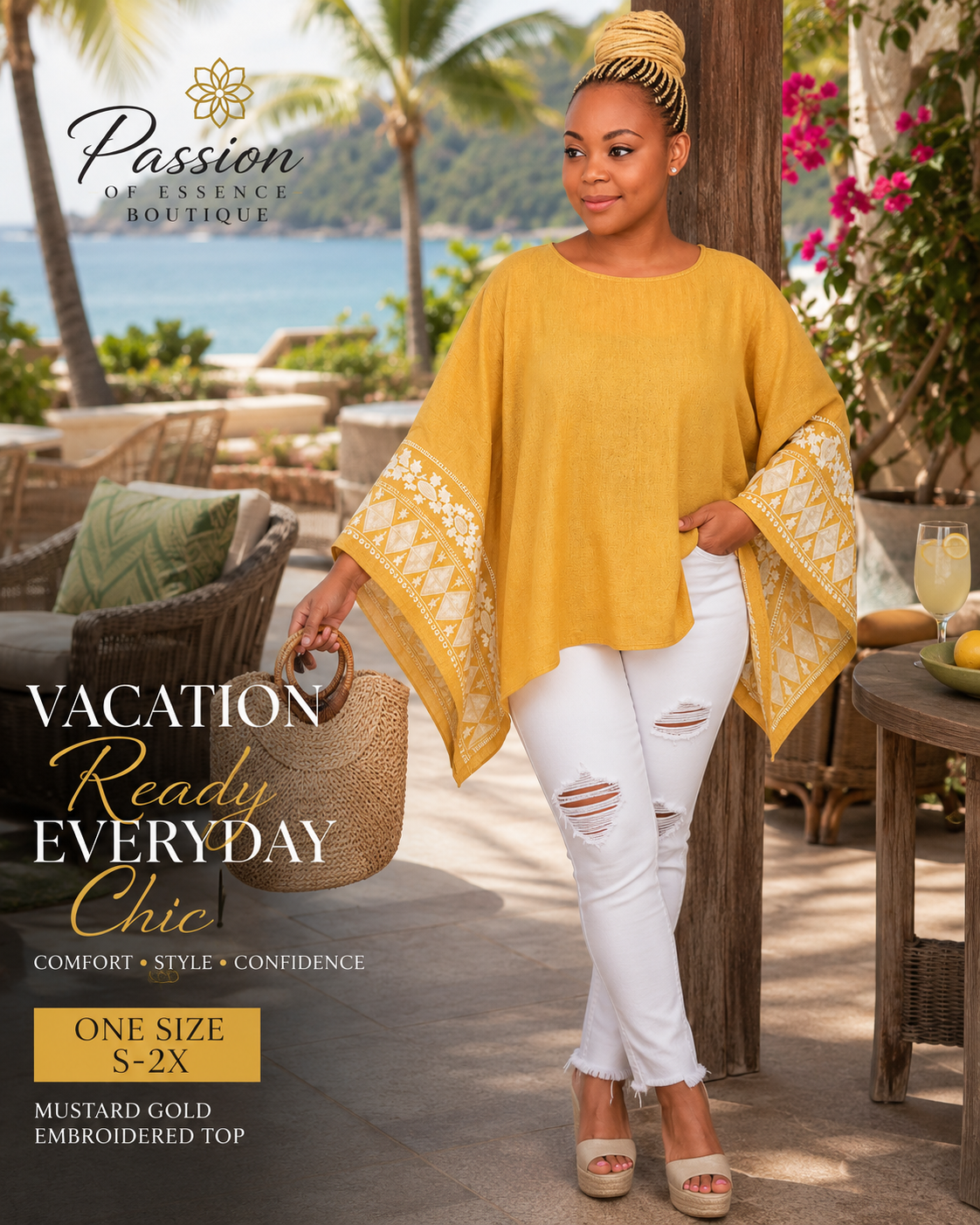 Golden Oasis Embroidered Poncho Top | Mustard Gold | One Size