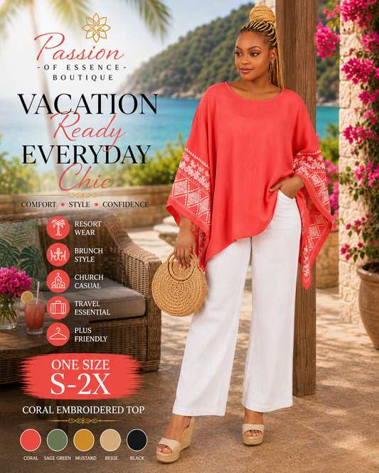 A woman modeling a coral-colored, one-size S-2X top with white and coral embroidered sleeves, styled with white wide-leg pants and beige sandals, set against a tropical beach resort background with promotional text overlays.