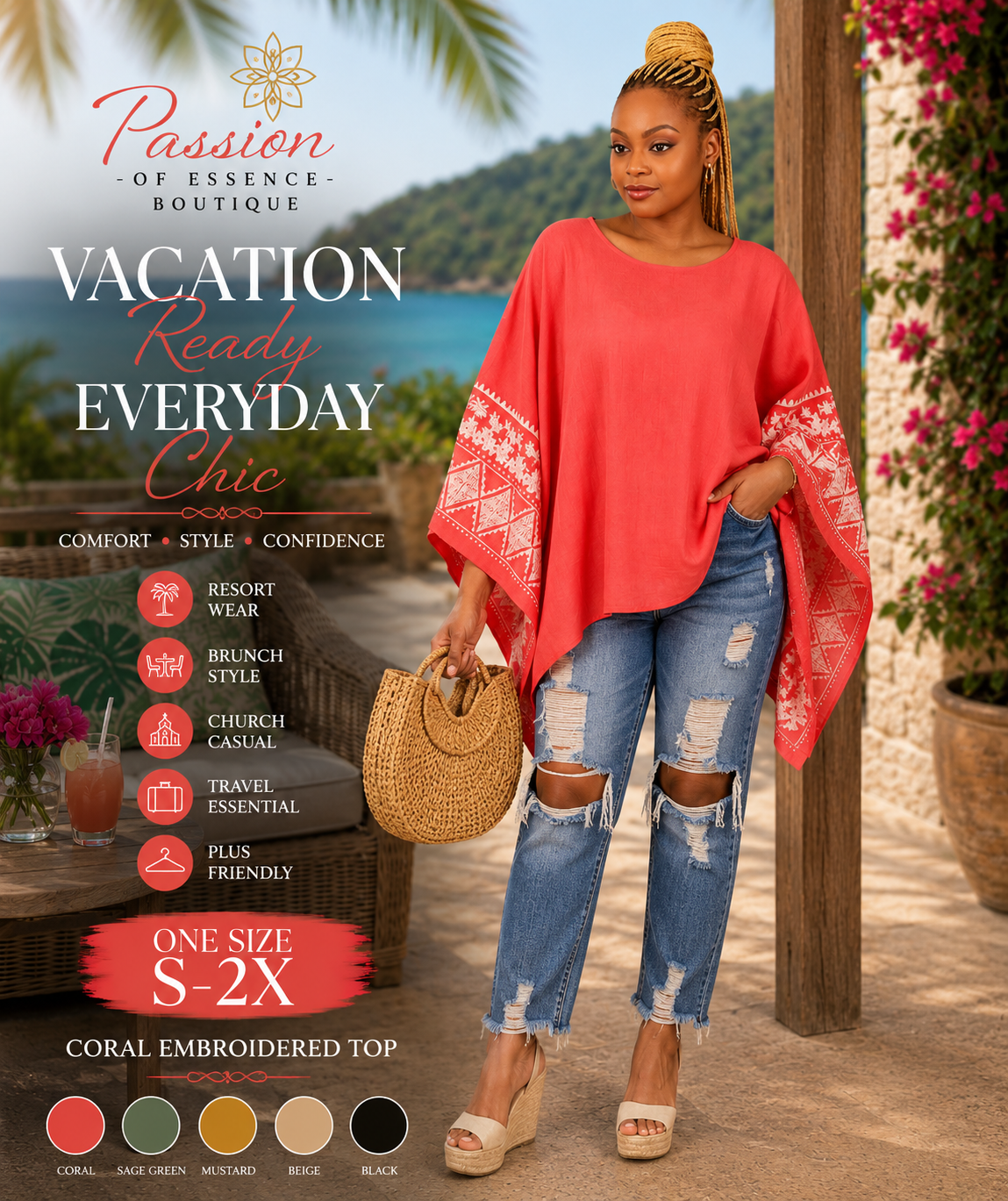 A woman models a coral pink bohemian-style top with white geometric embroidery on the sleeves and hem, paired with distressed blue jeans and beige wedge sandals. The image is a promotional graphic for 'Passion of Essence Boutique' featuring text overlays, size information, and a color swatch circle at the bottom.