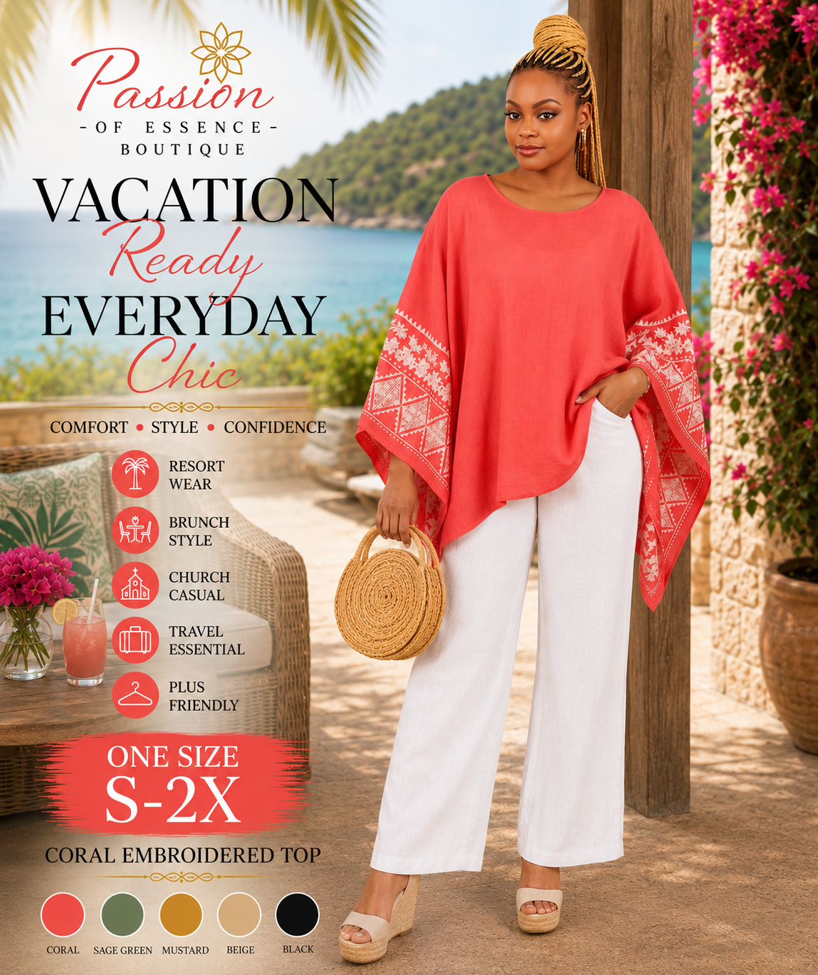 A woman modeling a coral pink embroidered poncho top with white wide-leg pants, standing outdoors near a tropical beach and palm tree. The image includes promotional text, size information, and color swatches for the top.