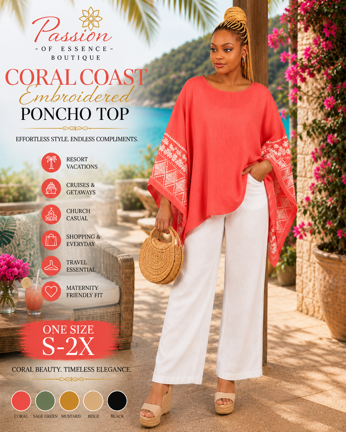 A woman modeling a coral pink embroidered poncho top with white wide-leg pants, standing in a tropical beach resort setting. The image includes promotional text for 'Passion of Essence Boutique' and 'Coral Coast Embroidered Poncho Top', along with color swatches at the bottom.