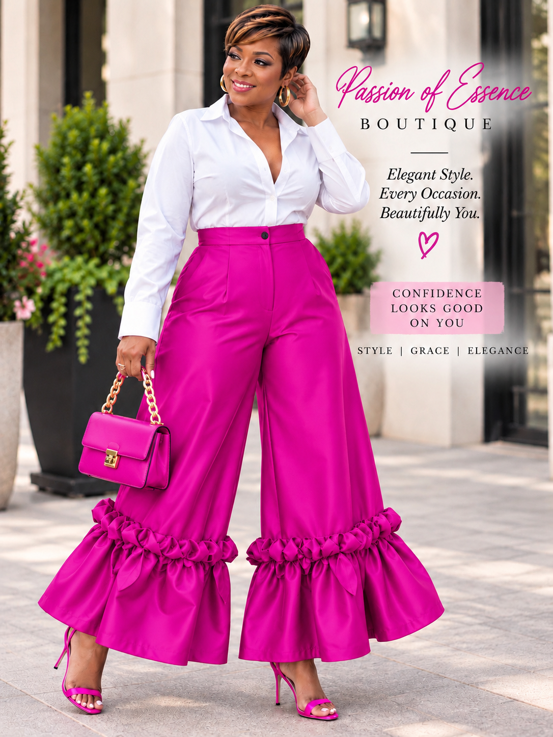 Plus Size Fuchsia High-Waist Wide-Leg Statement Ruffle Pants 1X–3X