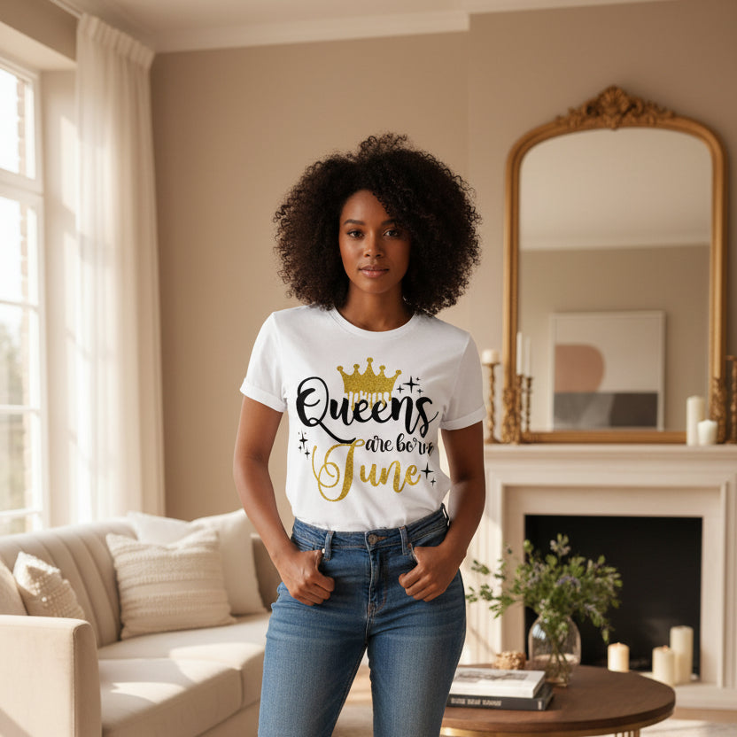 White t-shirt with 'Queens are born in June' text and gold crown graphic on a light wooden surface.