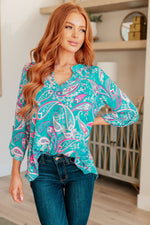 Load image into Gallery viewer, Lizzy Top in Aqua and Pink Paisley
